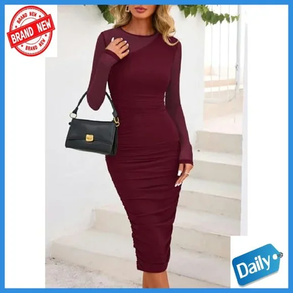 Long Sleeve Mesh Bodycon Dress Mock Neck Ruched Cocktail Party - Picture 6 of 8